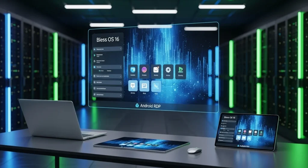 Futuristic digital workspace showing Bless OS 16 Android RDP accessed remotely via Spice Viewer, with neon-lit server room background symbolizing speed, security, and global connectivity