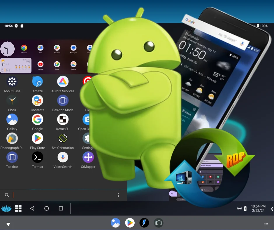 A promotional image for Android RDP with pre-installed Bliss OS, showing a desktop-like Android user interface with an app menu, and a 3D Android mascot in front of a smartphone displaying a weather app.