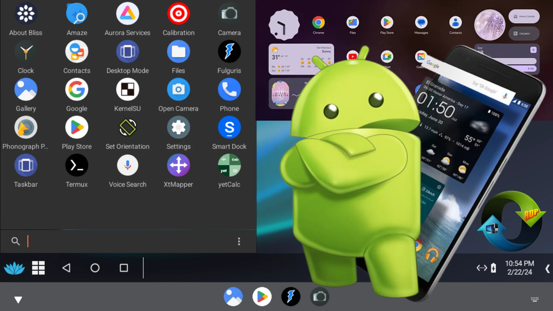 A promotional image for Android RDP with pre-installed Bliss OS