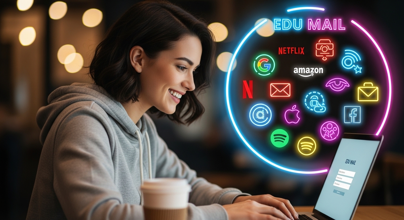 Buy edu Email A smiling college student sits at a laptop, surrounded by a glowing neon circle that says 'EDU MAIL' at the top and contains floating neon icons for services like Netflix and Google.