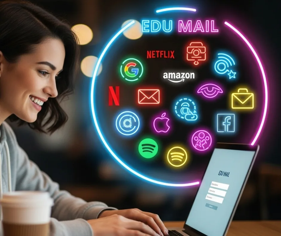 A smiling college student sits at a laptop, surrounded by a glowing neon circle that says 'EDU MAIL' at the top and contains floating neon icons for services like Netflix and Google.