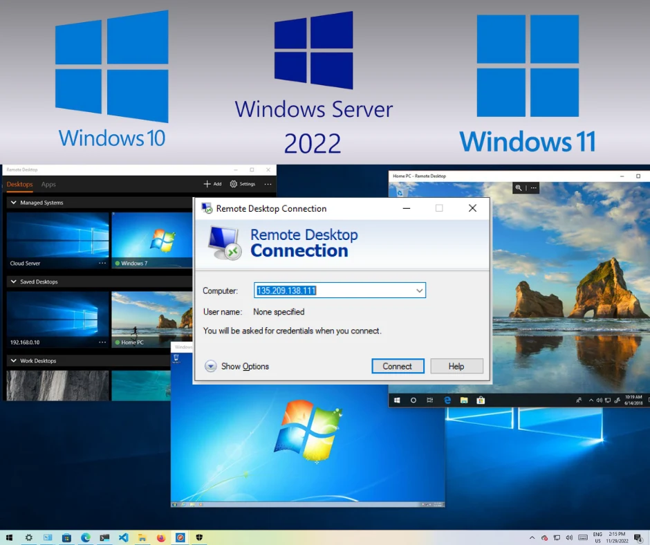 A promotional featured image by androidrdp.online for Windows VPS/RDP in which graphic showing the logos for Windows 10, Windows Server 2022, and Windows 11 at the top, and a remote desktop connection dialog box in the center, layered over screenshots of different Windows desktops.