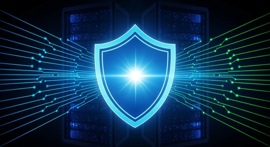 A promotional image by androidrdp.online for web hosting - Power Plans. A digital shield with a keyhole icon glows blue in front of a server rack. Green and blue glowing data streams flow around the server in the background. The image represents secure web hosting and data protection.