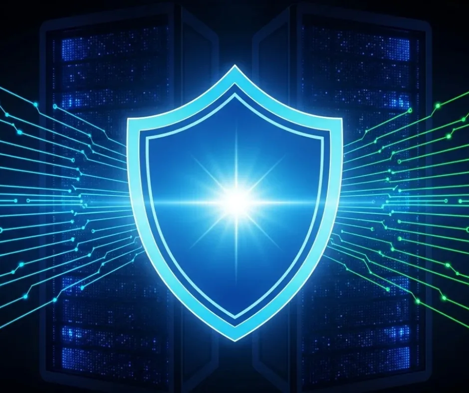 A promotional image by androidrdp.online for web hosting sales. A digital shield with a keyhole icon glows blue in front of a server rack. Green and blue glowing data streams flow around the server in the background. The image represents secure web hosting and data protection.