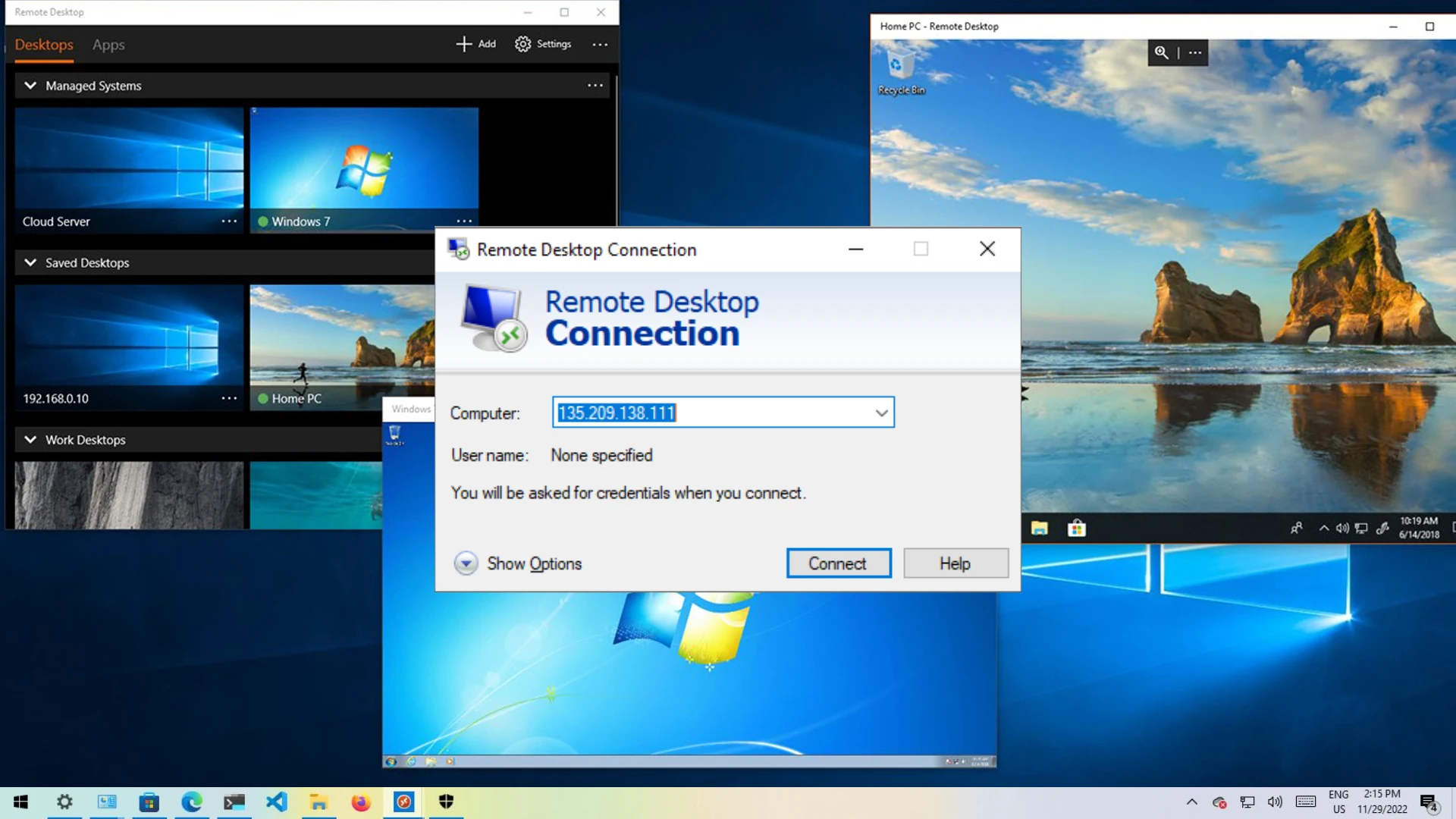 A promotional featured image by androidrdp.online for Windows VPS/RDP in which showing the Windows Remote Desktop Connection application interface. The main window prompts for a computer IP address, with other windows displaying a list of managed remote desktops, including a Windows 7 session and a connection to "Home PC." The image illustrates connecting to a remote Windows PC.